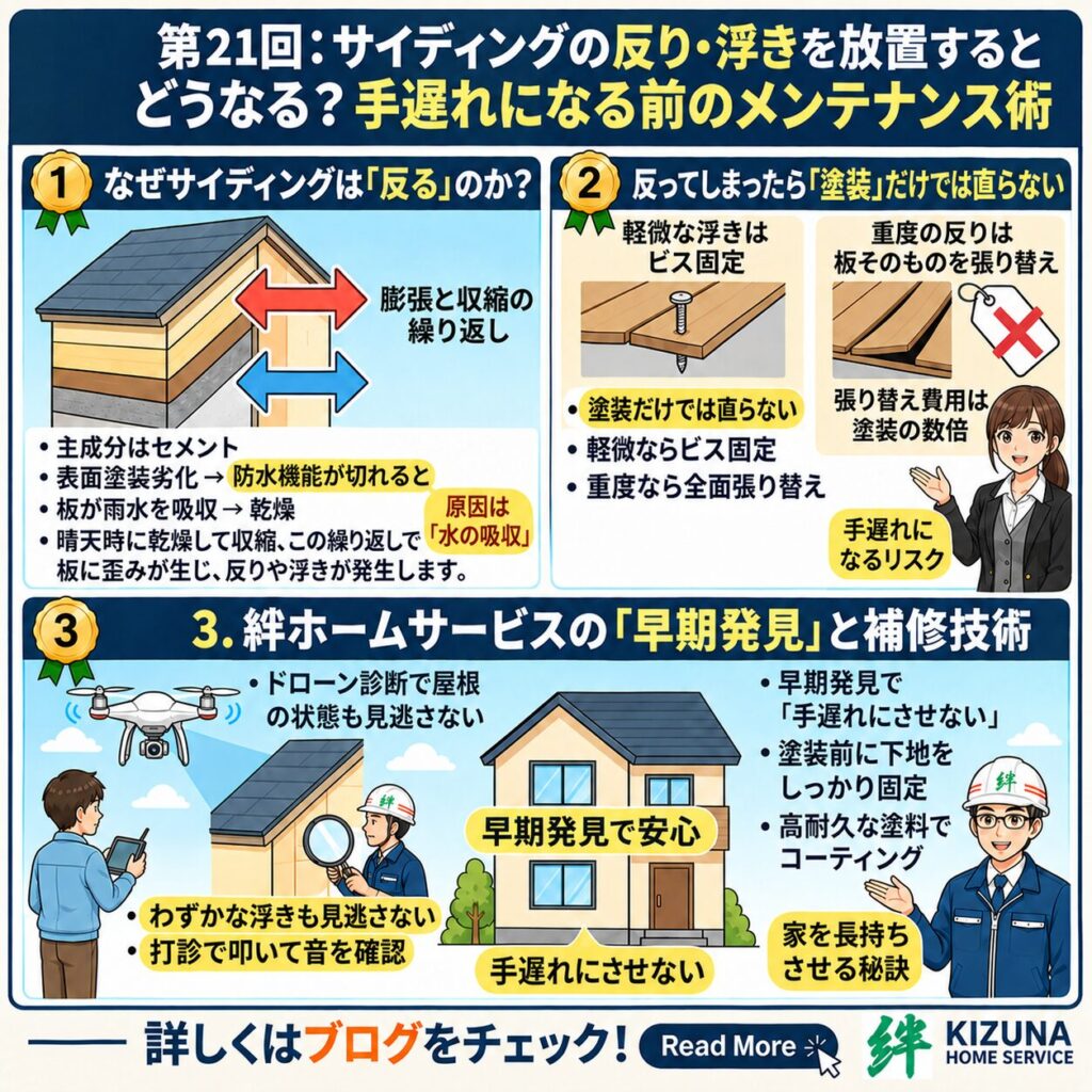 第21回：サイディングの「反り・浮き」を放置するとどうなる？手遅れになる前のメンテナンス術‐ 塗装本舗 絆ホームサービス