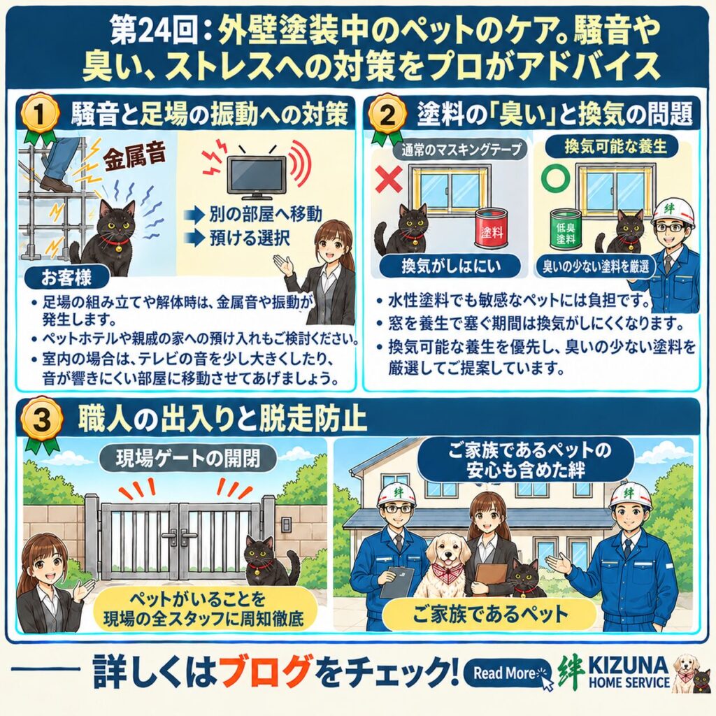 第24回：外壁塗装中のペットを守るために。騒音・塗料の臭い・脱走への対策‐ 塗装本舗 絆ホームサービス
