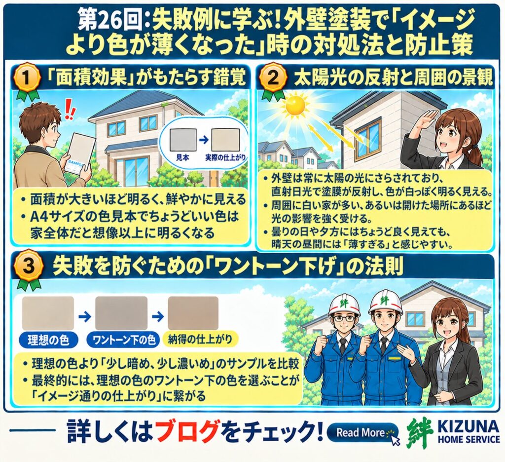 第26回：失敗例に学ぶ！外壁塗装で「イメージより色が薄くなった」時の対処法と防止策 ‐ 塗装本舗 絆ホームサービス
