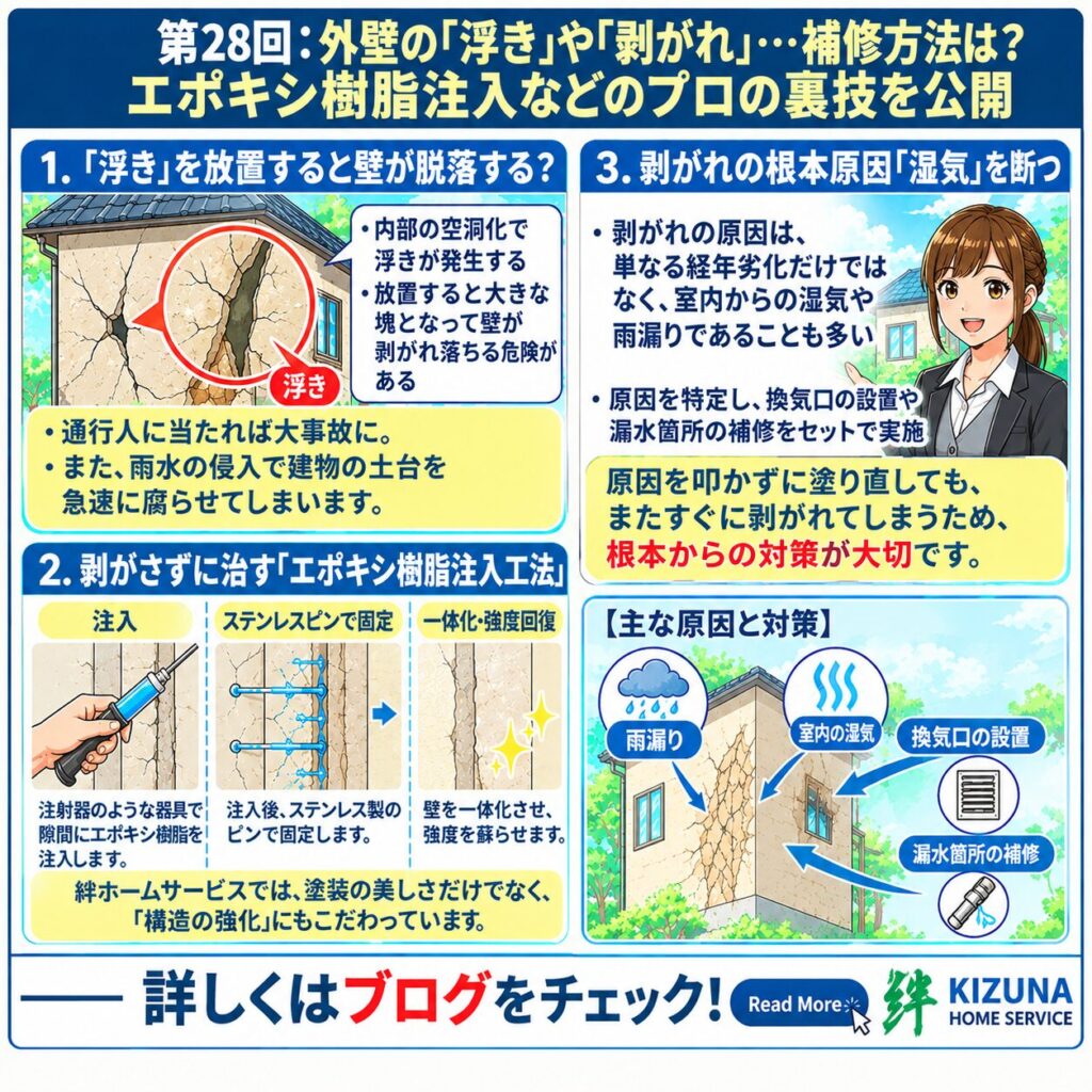 第28回：外壁の「浮き」や「剥がれ」…補修方法は？エポキシ樹脂注入などプロの裏技を公開！ ‐ 塗装本舗 絆ホームサービス