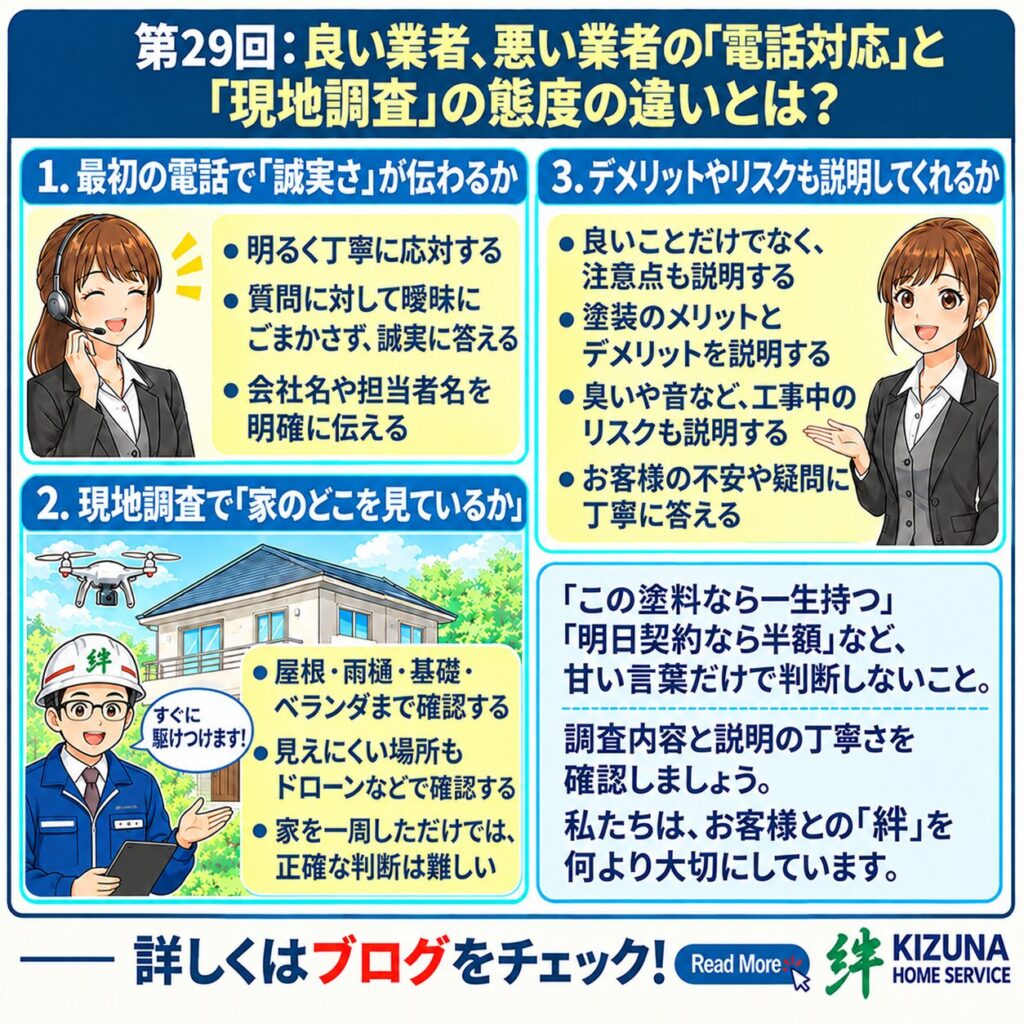 第29回：良い業者・悪い業者の違いとは？電話対応と現地調査で見極めるポイント！ ‐ 塗装本舗 絆ホームサービス